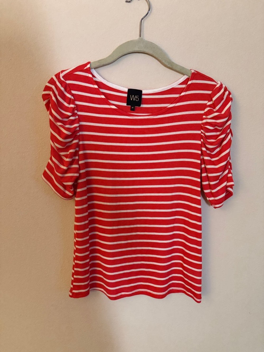 W5 Red and White Striped ruched Sleeve Tee